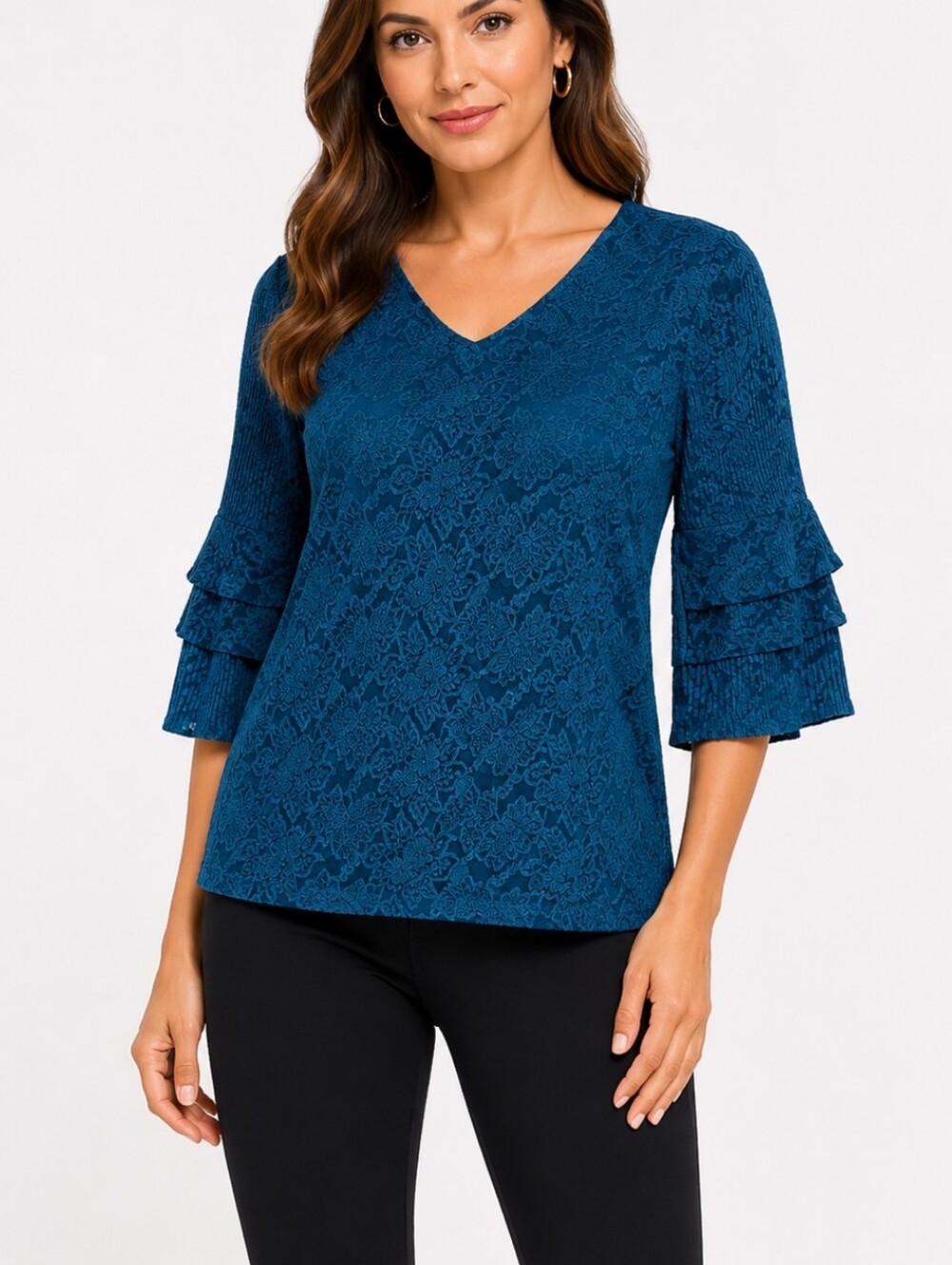Charter Club Woman~Plus Size 0X~Teal Tiered-Sleeve Lace Deep Pine Blouse NWT$89